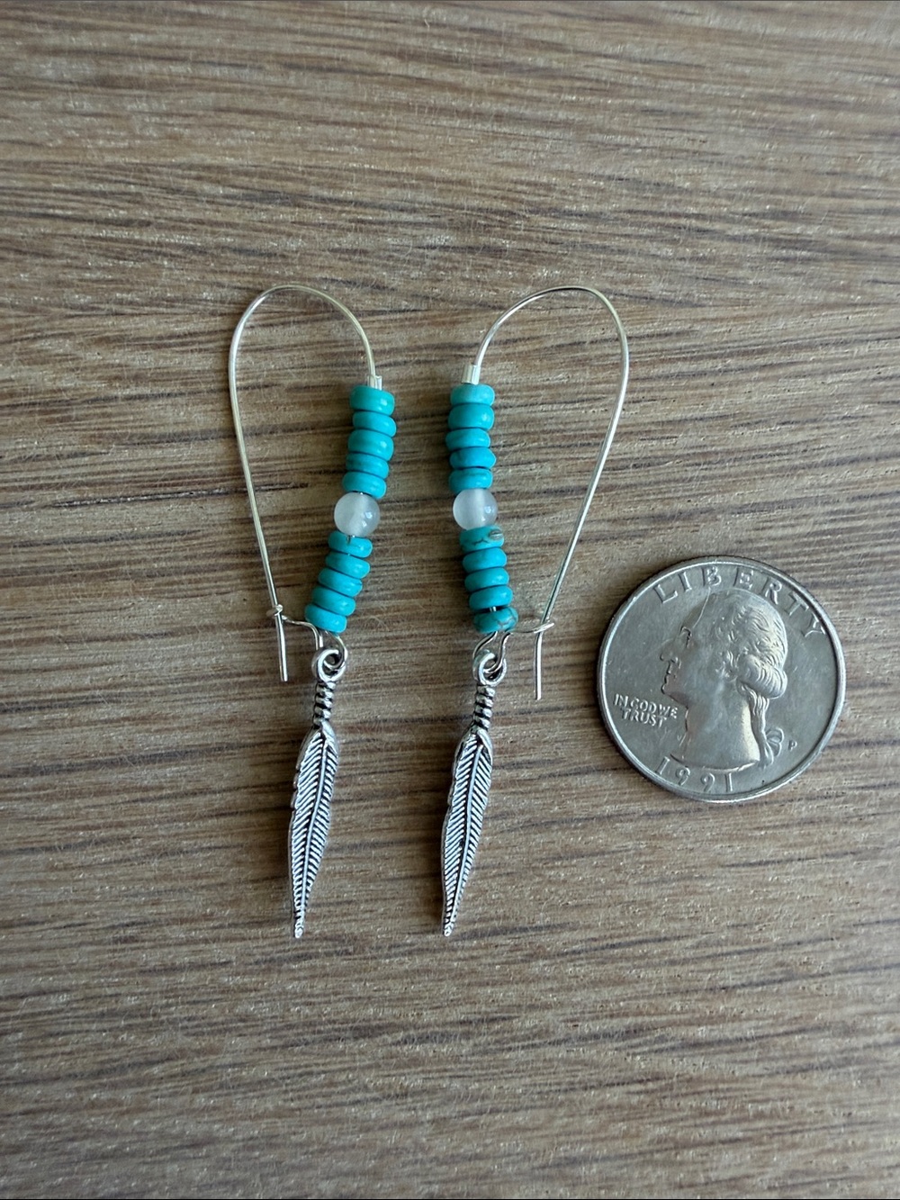 HAND CRAFTED TURQUOISE & WHITE QUARTZ FEATHER DANGLE EARRINGS Boho Western - Picture 9 of 9